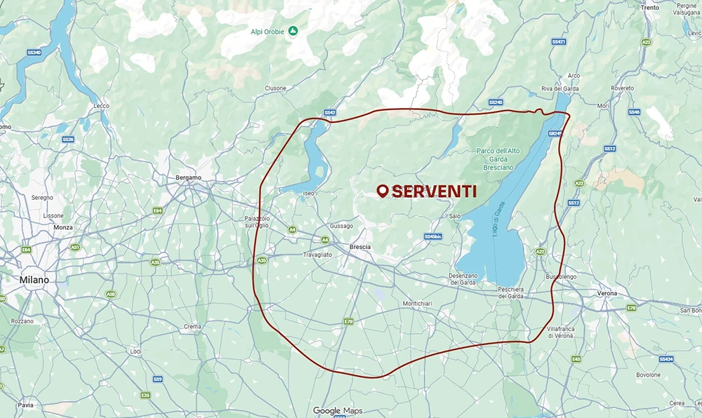 Mappa delle zone in cui Serventi realizza soffitti modulari da Lumezzane a Brescia, al Lago di Garda e al Lago d'Iseo